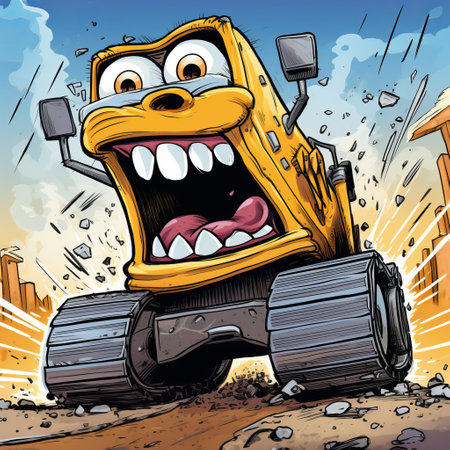 a cartoon bulldozer with teeth is depicted in front of a city, showcasing intense movement expression. the illustration style is caricature-like, digitally enhanced by artist john larriva. the character expressions are detailed, reminiscent of the work of herge. this artwork combines elements of transport and core themes. ai generatedの素材