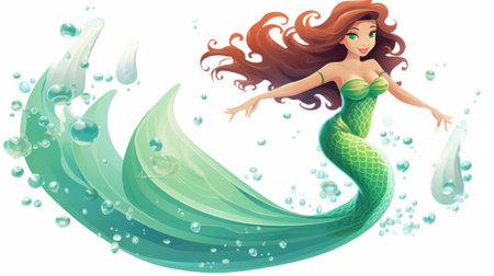 the little mermaid, a beloved disney character, is depicted in this playful cartoon illustration. the style features light emerald and crimson colors, creating a vibrant and eye-catching image. with high resolution and swirling vortexes in the background, the feminine body of the mermaid is beautifully portrayed. the cartoon mis-en-scene adds to the charm of this fashwave-inspired artwork. ai generatedの素材