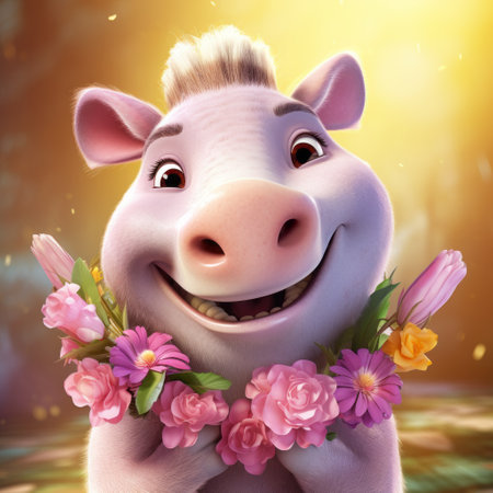 a cartoon pig adorned with flowers and stars stands in a lush grassy field. this whimsical artwork, inspired by the style of mike campau, exudes an exotic charm. with soft lighting reminiscent of adonna khare's portraits, this uhd image showcases the intricate details created using zbrush. a delightful addition to any collection, this illustration captures the essence of charming character illustrations. ai generatedの素材