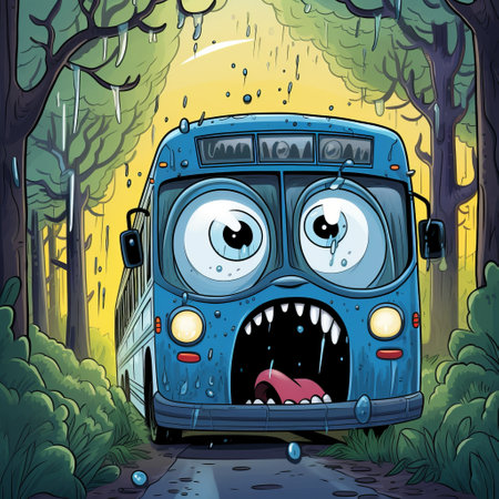a cartoon character bus enters a forest, its eyes wide open in a gloomy metropolis-style cartoon. the surrealistic horror vibe is enhanced by water drops, reminiscent of arthur lismer's art. the lively facial expressions and playful character design contrast with the dark blue and cyan color scheme. ai generatedの素材