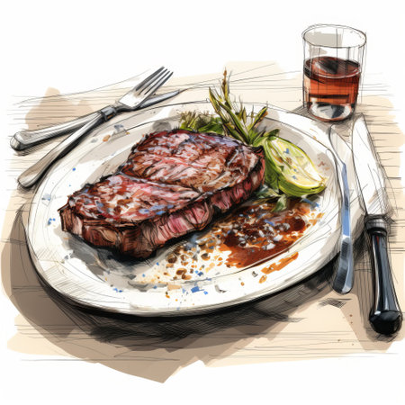 a digital painting of a steak with sauce, accompanied by a fork and knife on a plate. this artwork showcases the style of an ink wash painter, with hyper-realistic details and a detailed character design. the use of ink and color adds depth to the image, while the realistic perspective reflects the influence of the barbizon school. ai generatedの素材