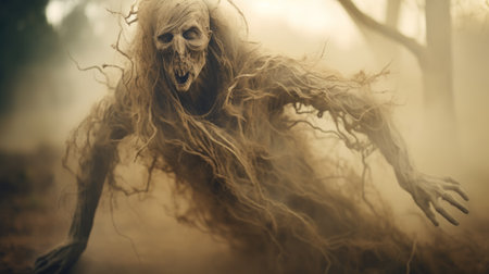 a ghostly figure emerges from the depths of a forest, creating an eerie atmosphere. this achingly realistic hyper-detailed rendering showcases the ghost made entirely of intertwining vines, with earthy tones and dusty piles surrounding it. the intricate costumes add to the haunting allure of this national geographic-worthy 8k photograph. ai generatedの素材