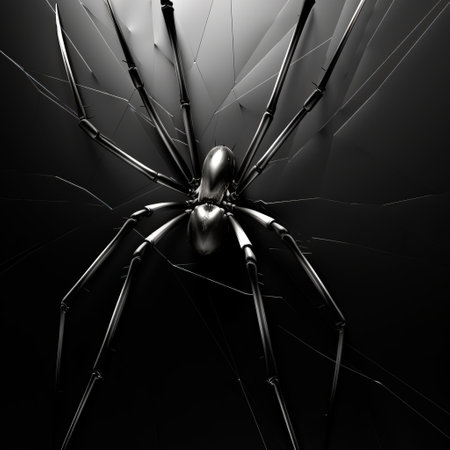 the black spider, in the style of zbrush, is perched on a broken glass window. this uhd image showcases the sleek metallic finish of the chrome-plated spider. inspired by ary scheffer's monochromatic graphic design, this captivating photo is perfect for websites seeking a unique and eye-catching visual. ai generatedの素材
