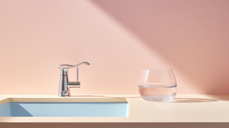 a pink room with a sink featuring blue and yellow towels. the hyper-realistic water in the sink creates a serene and harmonious atmosphere. the light silver and light bronze tones, achieved through the sabattier filter, add a touch of elegance. this realistic and hyper-detailed rendering, shot on 70mm, showcases the artistic style of toyo ito. ai generatedの素材