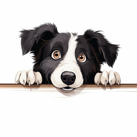 a border collie silhouette gazes over the edge of a blank sign board, showcasing a hyperrealistic illustration style. the expressive eyes and detailed shading bring this artwork to life. created by leszek bujnowski, this charming character embodies a playful and illustrative style that captivates viewers. ai generatedの素材