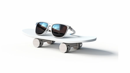 a skateboard with sunglasses rests on its wheels, showcasing a sleek white and silver design. this realistic rendering captures the polished craftsmanship of artists aleksi briclot, lee broom, jurgen ziewe, and the vintage charm of the konica auto s3 camera. ai generatedの素材