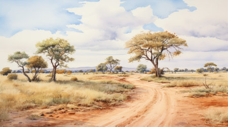 a dirt road in a desert, captured in the style of a watercolorist, showcasing detailed hunting scenes inspired by mbole art. this photograph was taken using a mamiya 7 ii camera, resulting in highly detailed environments. the serene pastoral scenes depicted in this commission offer a captivating visual experience. ai generatedの素材