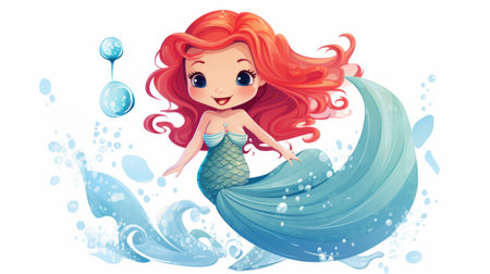 a little mouse mermaid drawing in a colored cartoon style, featuring fashwave elements. the lively movement portrayal showcases vibrant red and aquamarine colors. the naturalistic ocean waves are depicted with airbrushing techniques, while water drops add a touch of realism. ai generatedの素材