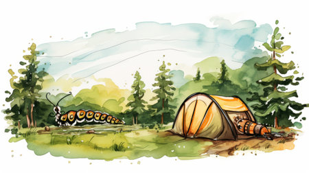 a watercolor image of a tent in the grass, accompanied by a caterpillar. the artwork showcases a motion blur panorama style, with an adventure theme. the image features animated gifs, wood elements, and a color palette of white and orange. the detailed character design adds depth to the 3840x2160 resolution artwork. ai generatedの素材