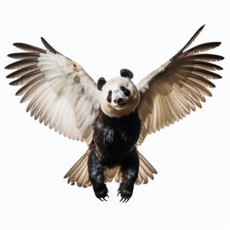 a panda, in a photorealistic style, is captured mid-flight with its wings gracefully spread out. this large-scale, colorized photograph showcases the panda's symmetrical asymmetry, featuring a light beige and black color palette. the panda's strong facial expression adds to the captivating nature of the image. ai generatedの素材