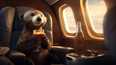 an otter, in a cinematic mood, sits in an airplane holding a drink. this hyper-detailed rendering, inspired by advertising and created in the style of ray tracing, showcases the beauty of the scene. the colors of crimson and amber add to the overall stunning effect. ai generatedの素材