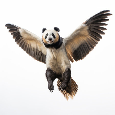 a panda bear soaring through the sky, captured in a hyperrealist style with a strong facial expression. the image showcases life-like avian illustrations, reminiscent of national geographic photography. against a white background, the panda, created by chen zhen, strikes dignified poses. ai generatedの素材