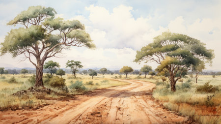 a captivating watercolor painting of a pastoral scene featuring a dirt road winding through a field with trees. this highly detailed artwork showcases african influences and is rendered in a concise brushwork technique. the image has a resolution of 3840x2160 and was captured using a canon af35m camera. ai generatedの素材
