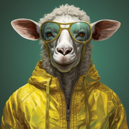 a sheep wearing sunglasses and a yellow jacket is depicted in this hyperrealistic illustration. the dreamlike and visionary style of artists like slawomir maniak, martin ansin, and dino valls is evident in this charming character. the artwork also showcases a hard-edge style, adding to its unique and captivating appeal. ai generatedの素材