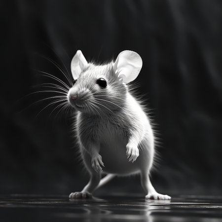 a black and white portrait of a playful mouse, digitally enhanced with glowing lights. this realistic still life photo, captured with a tamron 24mm f/2.8 di iii osd m12 lens, showcases the innocence and charm of the mouse. the aurorapunk style adds a touch of uniqueness to the image. ai generatedの素材