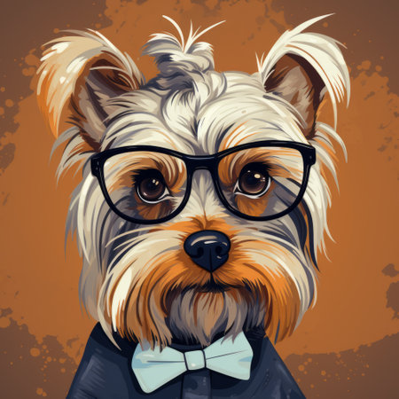 a dog wearing glasses in a stylized portraiture style with sharp brushwork and detailed background elements. the color palette consists of light navy and brown, adding a retro-style touch. the image showcases iconic pop culture caricatures, creating a high-resolution visual experience. ai generatedの素材