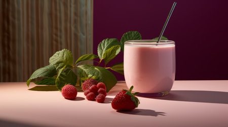 a strawberry milkshake is placed on a pink table surrounded by plants, showcasing a captivating blend of dark beige and magenta hues. the photo captures the essence of norwegian nature with its smooth and curved lines, enhanced by the ray tracing technique. the image is reminiscent of the american barbizon school, evoking a sense of tranquility and beauty. shot with provia, the velvia effect addsの素材