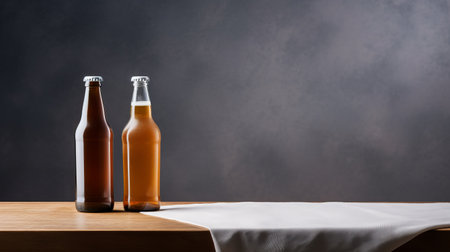 two beer bottles, placed on a table against a grey wall, create a captivating composition. the use of fabric adds a hazy and lively touch to the scene, with shades of gray and brown. the clever utilization of negative space enhances the overall aesthetic. the combination of light silver and dark orange hues gives the image a crisp and clean appearance. ai generatedの素材