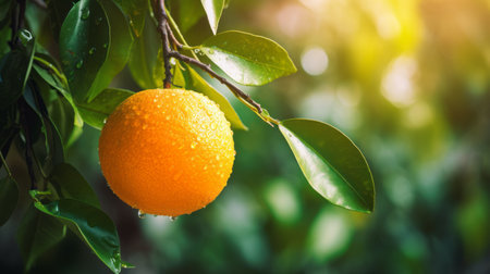 tangerine on a tree, bathed in the warm afternoon sun. this vibrant image captures the essence of wet-on-wet blending, with high-energy aesthetics reminiscent of the farm security administration era. the use of vray tracing and cross-processing techniques adds depth and richness to the photo, resulting in a smooth and shiny finish. the soft-focus effect enhances the overall appeal of this captivating scene. ai generatedの素材