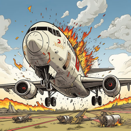 a very large plane is coming into landing with explosive expressionism and detailed comic book art. the cartoon violence style adds a dynamic touch to the scene, while the rusty debris and persian miniature elements create a unique atmosphere. the hyper-realistic animal illustrations further enhance the visual impact of this captivating image. ai generatedの素材