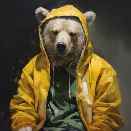 a bear wearing a yellow jacket, captured in the style of sam spratt, a renowned object portraiture specialist. this artwork by oleksandr bogomazov combines elements of soggy, ross tran, and naturalistic proportions, while also conveying a message of environmentalism. ai generatedの素材