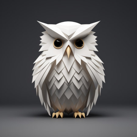 a 3d rendered paper owl with bold character designs, created in the style of geometric shapes and patterns. this black and white illustration showcases clean lines and pure forms, resulting in a visually striking image. created using zbrush, this high-resolution uhd artwork by janek sedlar combines dark, white, and light amber tones for a captivating aesthetic. ai generatedの素材