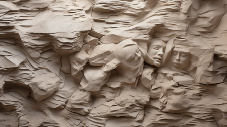 a large-scale paper sculpture, created under a desert, showcases expressive and textured portraiture. the close-up shots capture the intricate details of the organic stone carvings and eroded interiors. the sculpture's color palette is dominated by beige tones, while the use of focus stacking and high resolution photography enhances its visual impact. ai generatedの素材