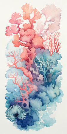 the large watercolor painting showcases vibrant corals depicted in a mesmerizing style of light red and dark azure. the twisted branches create nature-based patterns, while the otherworldly illustrations and color gradients add depth to the artwork. this nature-inspired imagery is beautifully captured through atmospheric watercolors. ai generatedの素材