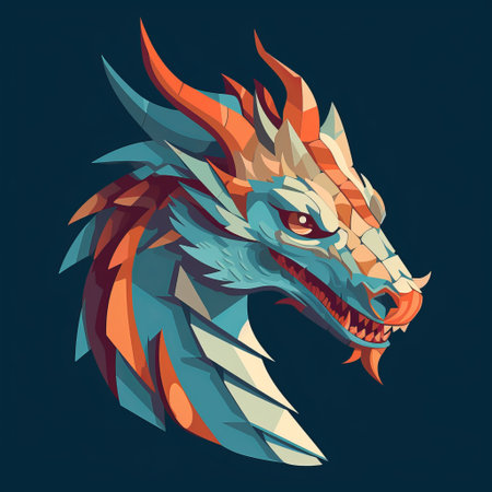 a polygonal dragon artwork featuring vibrant colors and simplified stylized portraits. the image showcases a dark cyan and orange color scheme, reminiscent of 2d game art. the dragon's design incorporates realistic hyper-detail and draws inspiration from chinese iconography. the artwork stands out with its stark simplicity and bold chiaroscuro contrast. ai generatedの素材