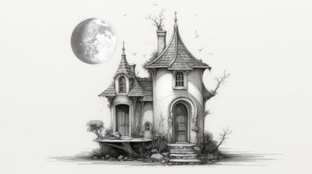 a detailed graphite sketch of a dark white house at night, reminiscent of fantasy illustrations and sculpted fairy tales. this charming character illustration showcases intricate details and is captured in high resolution. ai generatedの素材