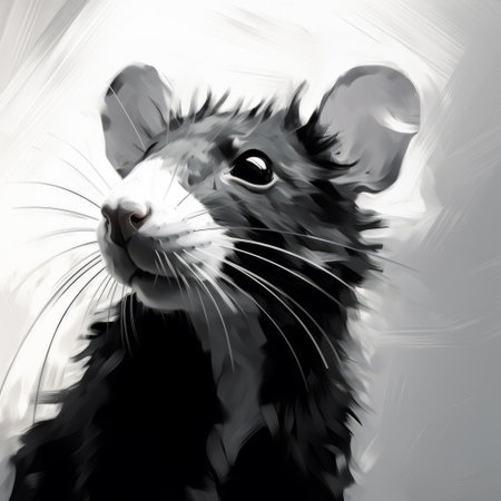 a dark brown black rat's head is depicted in a bold and striking speedpainting style. the artwork showcases a high resolution of 8k, allowing for intricate details to be captured. the brushwork exploration adds depth and texture to the image, while the black and white grayscale palette creates a visually captivating effect. the charming characters and colorful brushwork further enhance the overall appeal of theの素材