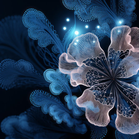 a blue and white flower with fractal patterns is depicted in this image. the intricate design resembles molecular structures and is created using zbrush software. the flower is illuminated in a romantic chiaroscuro style, with a combination of light pink and dark blue hues. the flowing fabrics and detailed elements give it a touch of science fiction illustration. ai generatedの素材