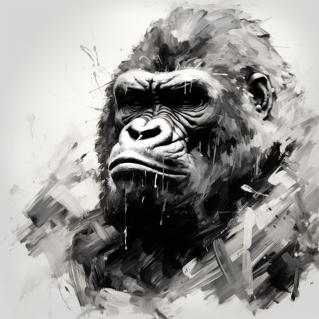 a gorilla is depicted on a white paper using speedpainting techniques, showcasing texture exploration and dramatic brushwork. the emotive face of the gorilla is brought to life through the use of digital art techniques, creating a captivating and expressive piece. this artwork embodies the essence of mote kei and features a matte photo finish. ai generatedの素材
