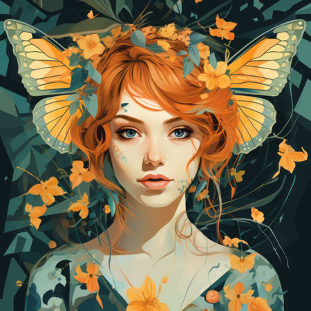 a woman dressed as a fairy with red hair and wings, showcasing a colorful realism style. the artwork features a combination of dark turquoise and orange hues, delicate flowers, fragmented portraiture, and charming illustrations made of insects. the soft shading adds depth to the overall composition. ai generatedの素材