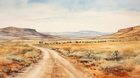 a watercolor painting capturing the beauty of a dirt road winding through the bush, with majestic mountains in the background. this high detailed artwork, inspired by rural landscapes, showcases the warm hues of light orange and brown. the composition draws influence from ndebele art, creating a unique fusion of cultural elements. the painting evokes the essence of rural america, with its spectacular backdrops. ai generatedの素材