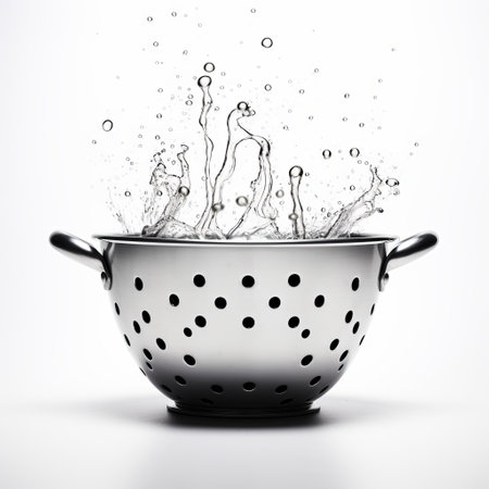 a colander filled with water and bubbles, showcasing sharp and clever humor, chaotic energy, and black and white realism. the image captures intuitive gestures and depth of field, reminiscent of the artistic style of wlad safronow. the tasteful use of negative space adds to the overall aesthetic appeal. ai generatedの素材