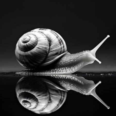 a snail with a reflection in the water, captured by alberto moquet, showcases a graphic black and white style reminiscent of john wilhelm. this uhd image, influenced by transportcore and paul barson, exudes a romantic chiaroscuro effect, while also conveying a sense of speed and motion. ai generatedの素材