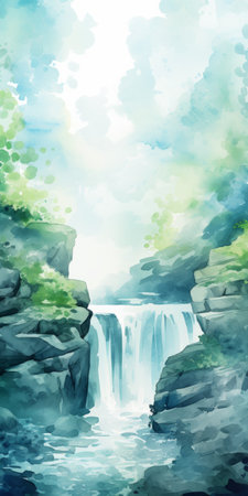 a watercolor drawing of a spring waterfall, inspired by the style of psychological phenomena illustrations. the artwork features flat backgrounds in light gray and dark aquamarine, reminiscent of edogawa ranpo's work. this high-definition image showcases environmental portraiture and vibrant stage backdrops. ai generatedの素材