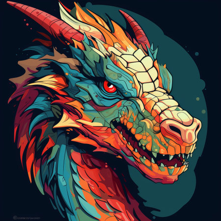 an illustrated dragon with colorful horns surrounding its head, depicted on a black background. the dragon is created in the style of vibrant color compositions, with a combination of dark orange and light cyan hues. the artwork, inspired by the works of becky cloonan, showcases a strong facial expression and a blend of harsh realism and cartoon-like characters. this high-resolution image has a quality ofの素材
