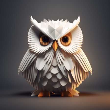 a white origami owl with bright orange eyes, created in the style of guillem h. pongiluppi. the sepia tone adds a vintage touch to the image, while the vray tracing technique enhances the details. the owl's simple yet powerful forms are highlighted by the monochromatic color scheme, consisting of dark white and yellow tones. the intricate carving adds an extra level of intricacy to thisの素材