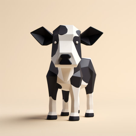 a low poly cow character illustration featuring a black and white skin design. created in the style of vray tracing, the illustration showcases a combination of light black and light beige colors. the artwork, inspired by the works of carl kleiner and ai yazawa, exhibits a childlike simplicity with digitally enhanced, multilayered surfaces. ai generatedの素材