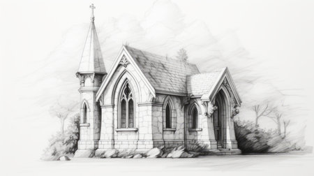 a pencil sketch of a church in the woods, showcasing realistic hyper-detailed rendering. the sketch captures the ornate architectural elements of the church, with its stone structure standing out in high resolution. the artist's skill creates an eerily realistic depiction, reminiscent of an architectural illustrator's work. the level of detail and precision in this sketch is truly remarkable, showcasing the artist's talent. ai generatedの素材