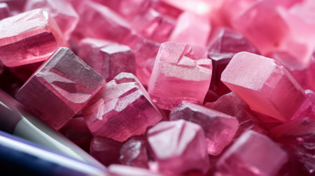 a pink ruby sits prominently in a bowl surrounded by other rose quartz gemstones. this captivating macro photograph captures the tactile texture of the gemstones, showcasing their vibrant colors. the composition draws inspiration from cubo-futurism and the close-up shots highlight the traditional craftsmanship. the use of kodak elite chrome extra color film adds depth and richness to the image, reminiscent of josef albers' artistic style.の素材
