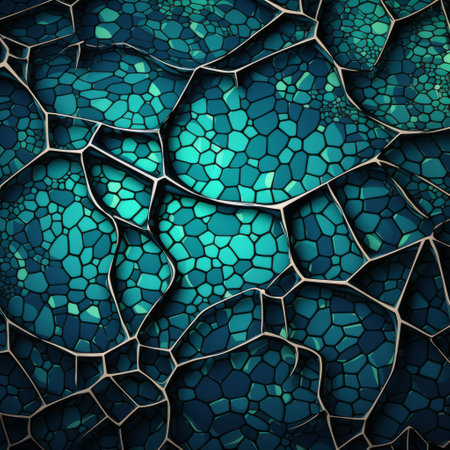aqua blue abstract seamless pattern with stained glass effects. this digital art features layered organic forms in a geometric design. the pattern is enhanced with dark silver and emerald colors, creating a cracked and animated mosaic effect. the intricate details make it a visually captivating wallpaper option. ai generatedの素材