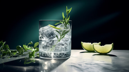 booze shots: a captivating image of iced cocktails adorned with rosemary and lime leaves, reminiscent of the elegant style of georg jensen. this meticulous photorealistic still life, captured by peter coulson using the fujifilm x-t4, showcases a harmonious blend of green and gray hues. the dynamic lines and use of natural fibers add depth and texture to this visually stunning composition. ai generatedの素材