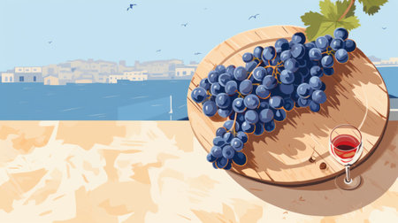 a plate of white grapes sits elegantly next to a refreshing glass of water, evoking the essence of mediterranean landscapes. this graphic illustration captures the beauty of light sky-blue and dark violet hues, reminiscent of seaside scenes. inspired by caravaggio, this digital illustration is a stunning addition to any editorial collection. ai generatedの素材