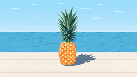 pineapple on white background with wooden beach and ocean backdrop. animated illustration style with flat composition and illusory images. realistic perspective, sky-blue and amber colors. flat backgrounds and heavy shading add depth to the image. ai generatedの素材