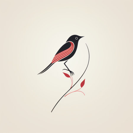 black bird perched on a branch, surrounded by vibrant red leaves. this graphic design element showcases classic tattoo motifs with a touch of dark pink and dark beige. the precisionist style is evident in the clean and simple designs, featuring inlay and flowing lines. ai generatedの素材