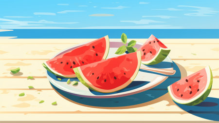 a plate with watermelon and pineapple on the beach, featuring a 2d game art style. the realistic blue skies provide a vibrant backdrop for the light red and beige fruits. the animated illustrations showcase free brushwork, reminiscent of architectural illustrations. the overall aesthetic is reminiscent of comic book-style graphics. ai generatedの素材