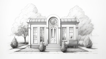a classical architectural drawing of a house with intricate details, showcasing ambient occlusion and hyper-detailed renderings. the tranquil gardenscapes surrounding the house add a serene touch, while the futurist mechanical precision adds a unique twist. the confessional-like atmosphere of the drawing creates a sense of introspection. this realistic and provia-inspired artwork is a stunning blend of classical and futuristic elements. ai generatedの素材
